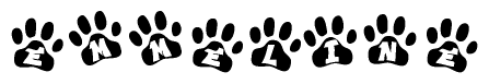 The image shows a series of animal paw prints arranged in a horizontal line. Each paw print contains a letter, and together they spell out the word Emmeline.