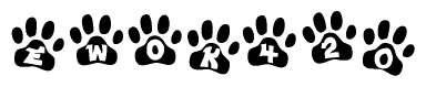 The image shows a series of animal paw prints arranged in a horizontal line. Each paw print contains a letter, and together they spell out the word Ewok420.