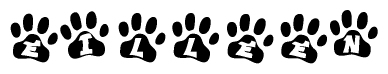 The image shows a series of animal paw prints arranged in a horizontal line. Each paw print contains a letter, and together they spell out the word Eilleen.