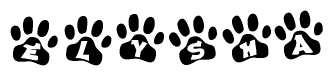 The image shows a row of animal paw prints, each containing a letter. The letters spell out the word Elysha within the paw prints.