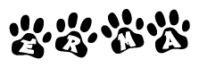 The image shows a row of animal paw prints, each containing a letter. The letters spell out the word Erma within the paw prints.