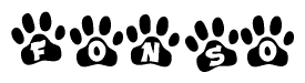 The image shows a series of animal paw prints arranged in a horizontal line. Each paw print contains a letter, and together they spell out the word Fonso.