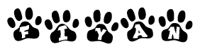The image shows a series of animal paw prints arranged in a horizontal line. Each paw print contains a letter, and together they spell out the word Fiyan.