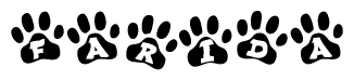 The image shows a series of animal paw prints arranged in a horizontal line. Each paw print contains a letter, and together they spell out the word Farida.