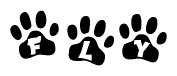 The image shows a series of animal paw prints arranged in a horizontal line. Each paw print contains a letter, and together they spell out the word Fly.