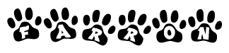 The image shows a series of animal paw prints arranged horizontally. Within each paw print, there's a letter; together they spell Farron