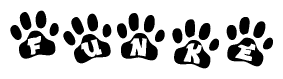 The image shows a series of animal paw prints arranged in a horizontal line. Each paw print contains a letter, and together they spell out the word Funke.