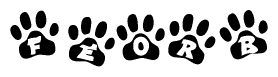 The image shows a series of animal paw prints arranged in a horizontal line. Each paw print contains a letter, and together they spell out the word Feorb.