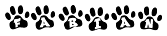 The image shows a row of animal paw prints, each containing a letter. The letters spell out the word Fabian within the paw prints.