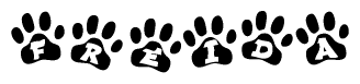 The image shows a series of animal paw prints arranged horizontally. Within each paw print, there's a letter; together they spell Freida