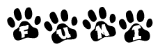 The image shows a series of animal paw prints arranged in a horizontal line. Each paw print contains a letter, and together they spell out the word Fumi.