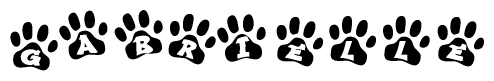 The image shows a series of animal paw prints arranged in a horizontal line. Each paw print contains a letter, and together they spell out the word Gabrielle.