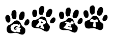 The image shows a series of animal paw prints arranged horizontally. Within each paw print, there's a letter; together they spell Gret