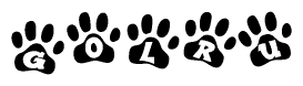 The image shows a series of animal paw prints arranged in a horizontal line. Each paw print contains a letter, and together they spell out the word Golru.