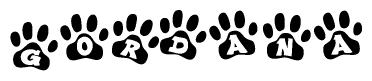 The image shows a series of animal paw prints arranged horizontally. Within each paw print, there's a letter; together they spell Gordana