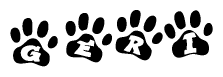 The image shows a series of animal paw prints arranged in a horizontal line. Each paw print contains a letter, and together they spell out the word Geri.