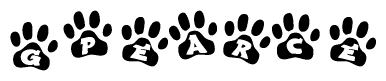 The image shows a series of animal paw prints arranged horizontally. Within each paw print, there's a letter; together they spell Gpearce