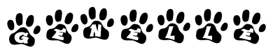 The image shows a series of animal paw prints arranged horizontally. Within each paw print, there's a letter; together they spell Genelle