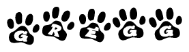 The image shows a series of animal paw prints arranged in a horizontal line. Each paw print contains a letter, and together they spell out the word Gregg.