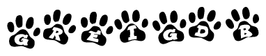 The image shows a row of animal paw prints, each containing a letter. The letters spell out the word Greigdb within the paw prints.