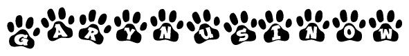 The image shows a row of animal paw prints, each containing a letter. The letters spell out the word Garynusinow within the paw prints.