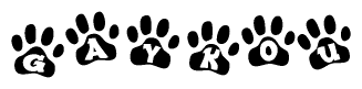 The image shows a series of animal paw prints arranged in a horizontal line. Each paw print contains a letter, and together they spell out the word Gaykou.