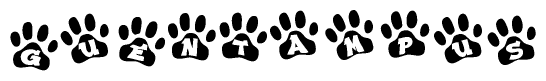 The image shows a series of animal paw prints arranged horizontally. Within each paw print, there's a letter; together they spell Guentampus