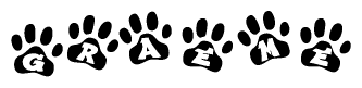 The image shows a row of animal paw prints, each containing a letter. The letters spell out the word Graeme within the paw prints.