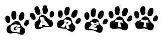 The image shows a series of animal paw prints arranged in a horizontal line. Each paw print contains a letter, and together they spell out the word Garett.