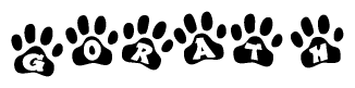 The image shows a series of animal paw prints arranged in a horizontal line. Each paw print contains a letter, and together they spell out the word Gorath.