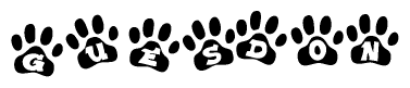 The image shows a series of animal paw prints arranged horizontally. Within each paw print, there's a letter; together they spell Guesdon