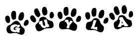 The image shows a row of animal paw prints, each containing a letter. The letters spell out the word Guyla within the paw prints.