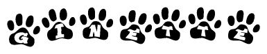 The image shows a series of animal paw prints arranged horizontally. Within each paw print, there's a letter; together they spell Ginette