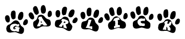 The image shows a series of animal paw prints arranged in a horizontal line. Each paw print contains a letter, and together they spell out the word Garlick.