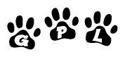 The image shows a row of animal paw prints, each containing a letter. The letters spell out the word Gpl within the paw prints.