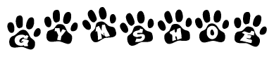 The image shows a series of animal paw prints arranged in a horizontal line. Each paw print contains a letter, and together they spell out the word Gymshoe.