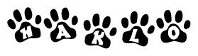The image shows a series of animal paw prints arranged in a horizontal line. Each paw print contains a letter, and together they spell out the word Haklo.