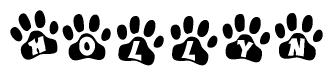 The image shows a row of animal paw prints, each containing a letter. The letters spell out the word Hollyn within the paw prints.