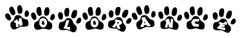 The image shows a series of animal paw prints arranged in a horizontal line. Each paw print contains a letter, and together they spell out the word Holorance.