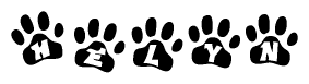 The image shows a series of animal paw prints arranged in a horizontal line. Each paw print contains a letter, and together they spell out the word Helyn.