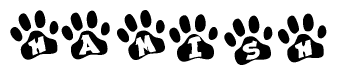 The image shows a series of animal paw prints arranged horizontally. Within each paw print, there's a letter; together they spell Hamish
