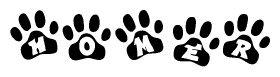 The image shows a series of animal paw prints arranged in a horizontal line. Each paw print contains a letter, and together they spell out the word Homer.