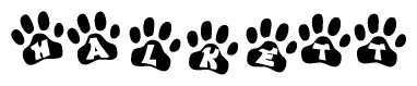 The image shows a series of animal paw prints arranged horizontally. Within each paw print, there's a letter; together they spell Halkett