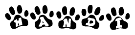 The image shows a series of animal paw prints arranged in a horizontal line. Each paw print contains a letter, and together they spell out the word Handi.