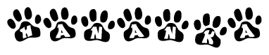 The image shows a series of animal paw prints arranged horizontally. Within each paw print, there's a letter; together they spell Hananka