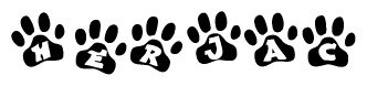 The image shows a series of animal paw prints arranged in a horizontal line. Each paw print contains a letter, and together they spell out the word Herjac.