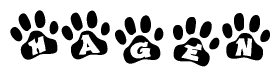 The image shows a row of animal paw prints, each containing a letter. The letters spell out the word Hagen within the paw prints.
