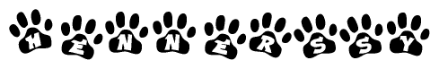 The image shows a row of animal paw prints, each containing a letter. The letters spell out the word Hennerssy within the paw prints.