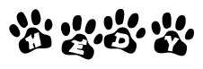 The image shows a series of animal paw prints arranged in a horizontal line. Each paw print contains a letter, and together they spell out the word Hedy.