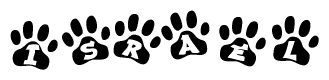 The image shows a series of animal paw prints arranged horizontally. Within each paw print, there's a letter; together they spell Israel